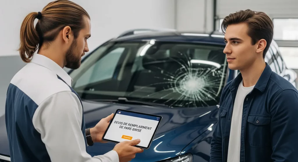 Devis de remplacement de pare-brise : un technicien explique le coût de l'intervention à un client sur une tablette, avec la voiture endommagée en arrière-plan.