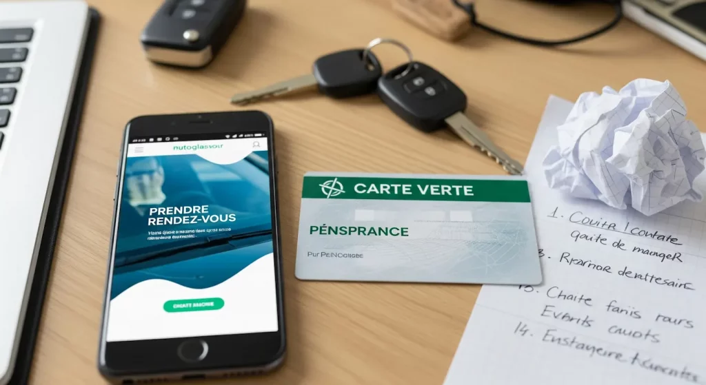 Contacter son assurance avant de prendre rendez-vous pour un bris de glace : un smartphone et une carte d'assurance sont placés côte à côte sur un bureau pour illustrer la prise de décision.