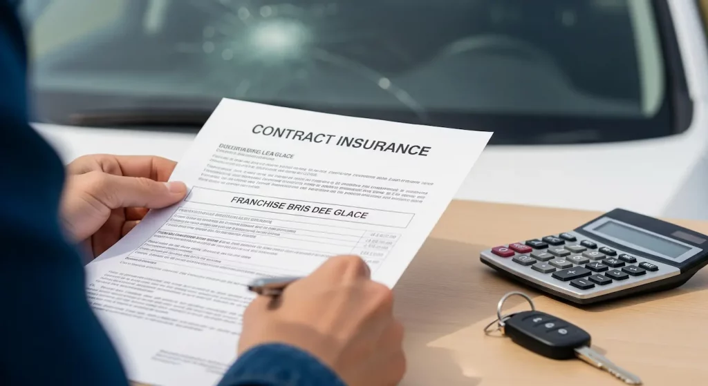 Personne examinant un contrat d'assurance pour comprendre le montant et le fonctionnement de la franchise bris de glace, avec calculatrice et clés de voiture à proximité.