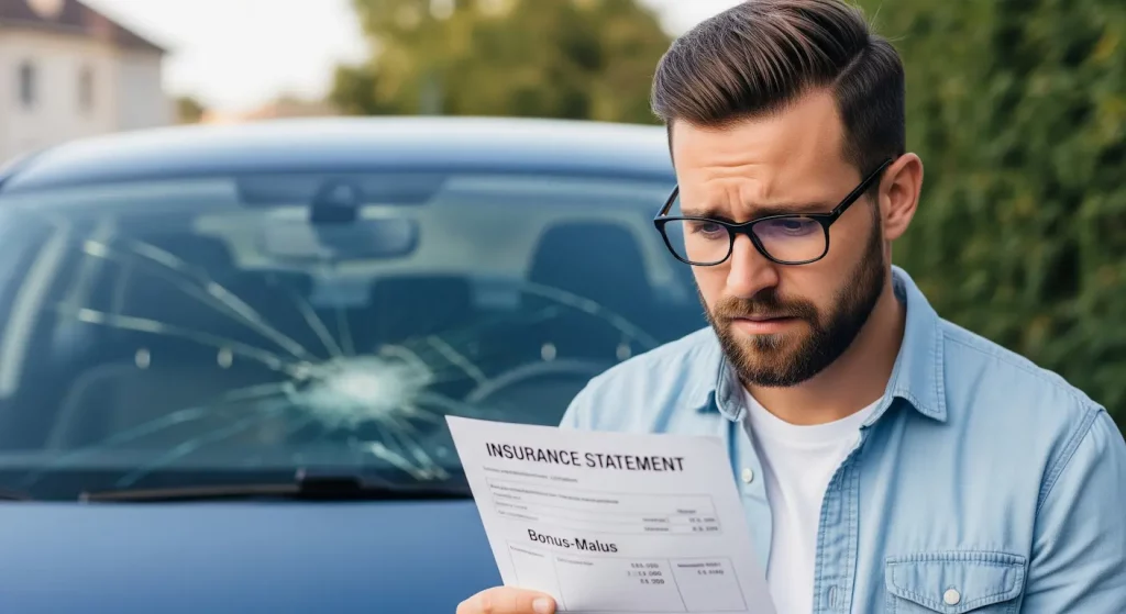 Conducteur soucieux examinant son relevé d'assurance pour comprendre l'impact potentiel d'un bris de glace sur son coefficient de bonus-malus.