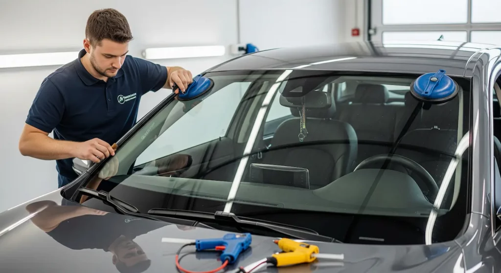 Coût du remplacement d'un pare-brise, pose comprise, par un technicien expert dans un garage professionnel, illustrant les facteurs de prix.