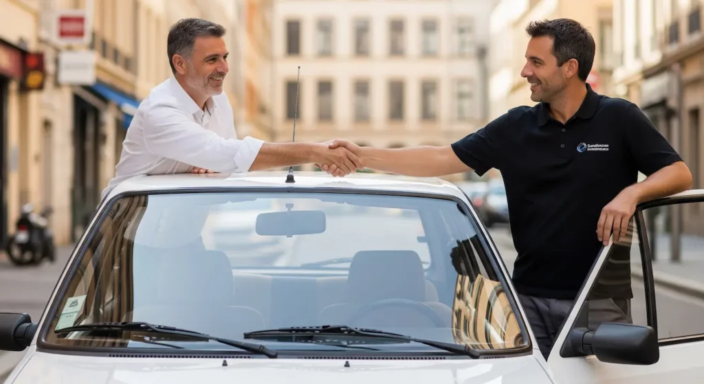 Client souriant serrant la main d'un technicien devant sa voiture, symbolisant un remplacement de pare-brise sans avance de frais à Lyon réussi et sans tracas.