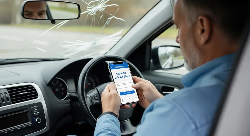 Vérification de la couverture assurance pour un bris de glace sur un smartphone, avec le pare-brise fissuré visible en arrière-plan.