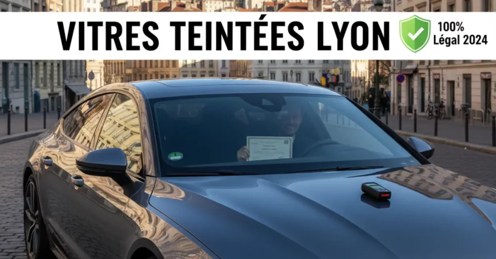 Voiture Audi grise avec vitres teintées légalement (certificat en main), photomètre sur le capot, devant la basilique de Fourvière à Lyon. Texte 'VITRES TEINTÉES LYON 100% Légal 2025/2026 ParebriseLyon.fr'